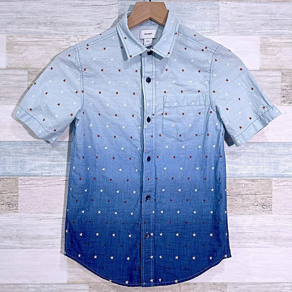 Old Navy Soft Washed Americana Star Print Shirt Blue Short Sleeve Boys Medium